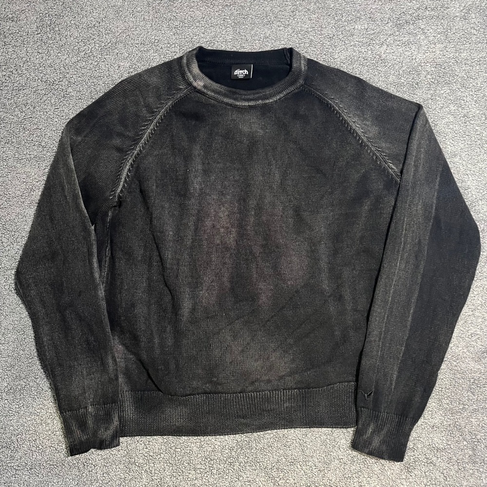 Ditch LA Faded Black Ribbed Cotton Crewneck Sweater Mens Large Raglan Streetwear